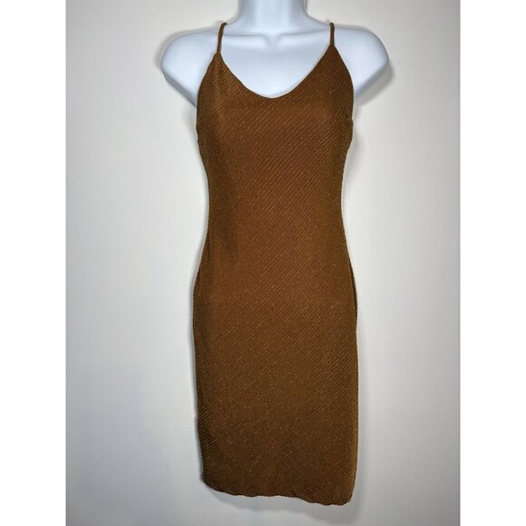 HAUTE MONDE Copper Gold Brown Spaghetti Strap Bodycon Party Dress NYE Size Small - Picture 1 of 8